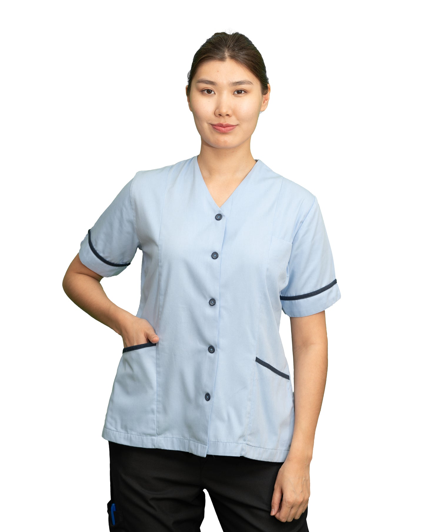 Ladies Centre Button V-Neck Tunic Sky with navy trim