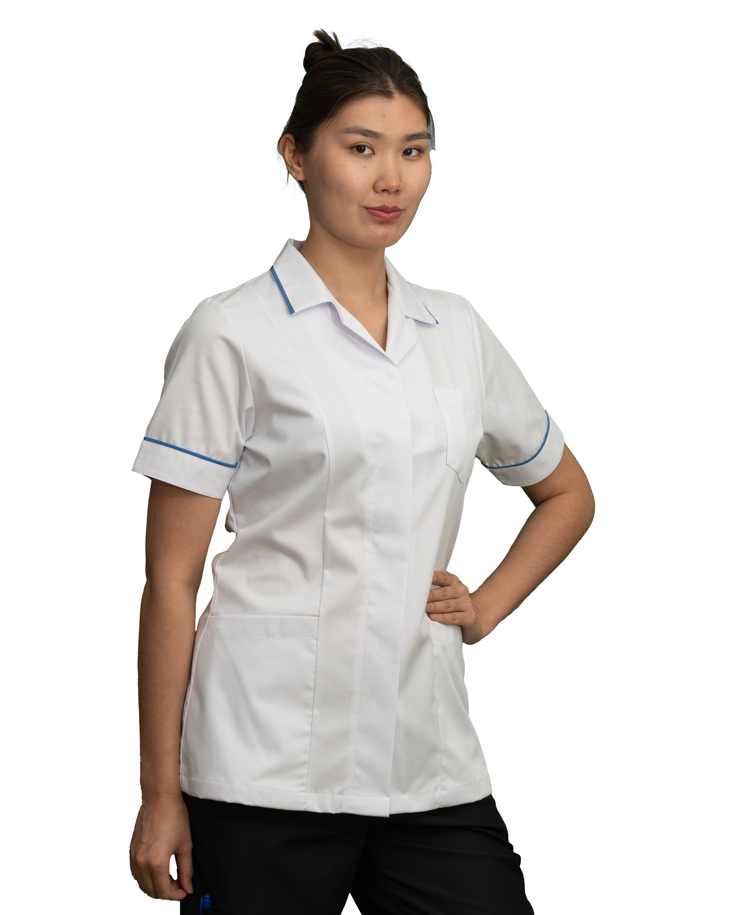 Ladies Reverse Collar Tunic White with metro trim