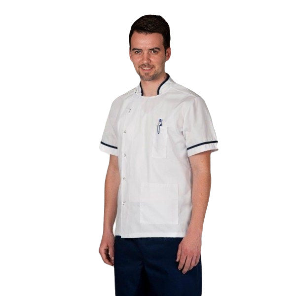 Mens White with Navy trim Chinese Collar Tunic