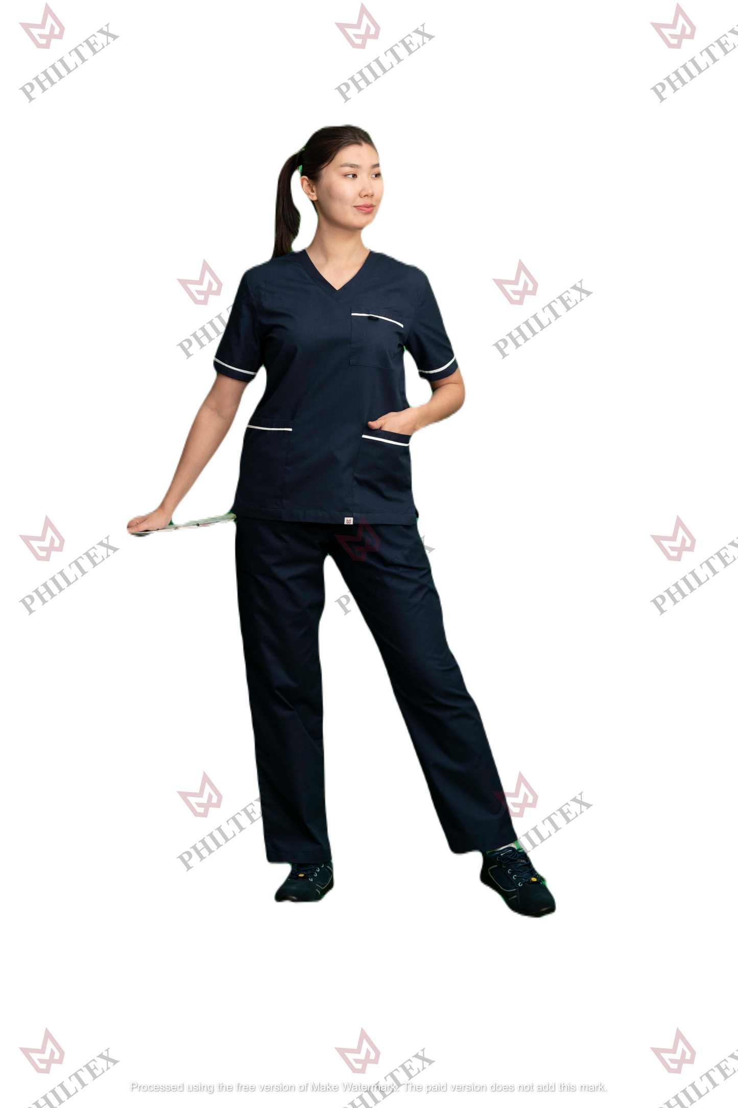 PhilTex Contrast Trim Scrub Top Navy/White