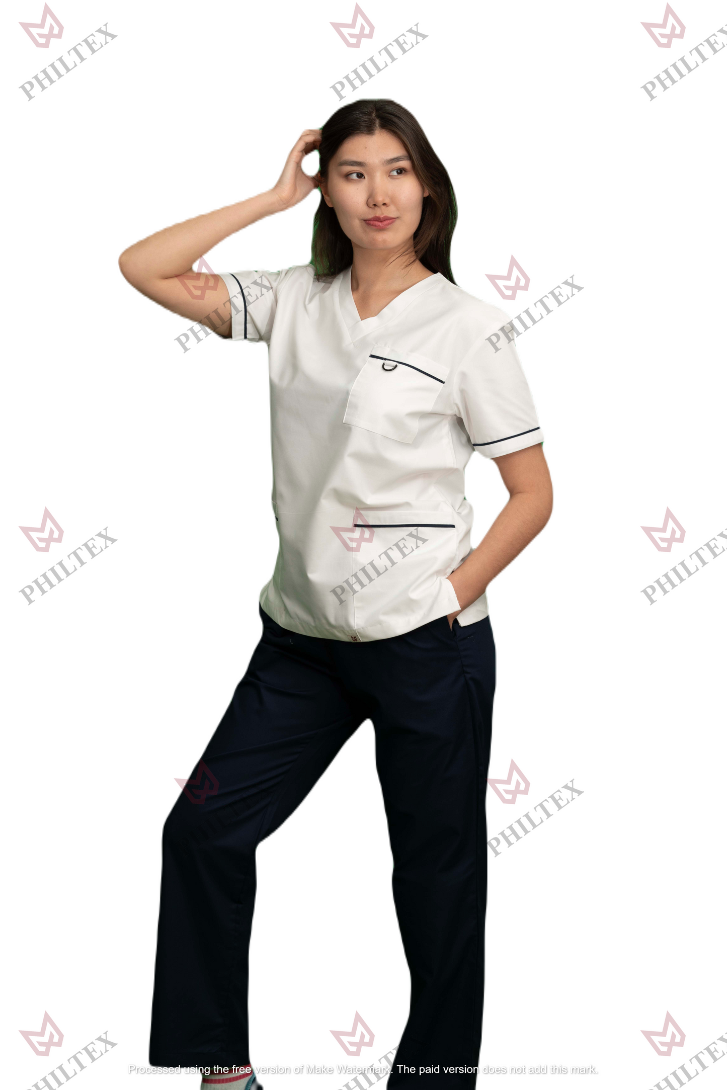 PhilTex Contrast Trim Scrub Top White/Navy