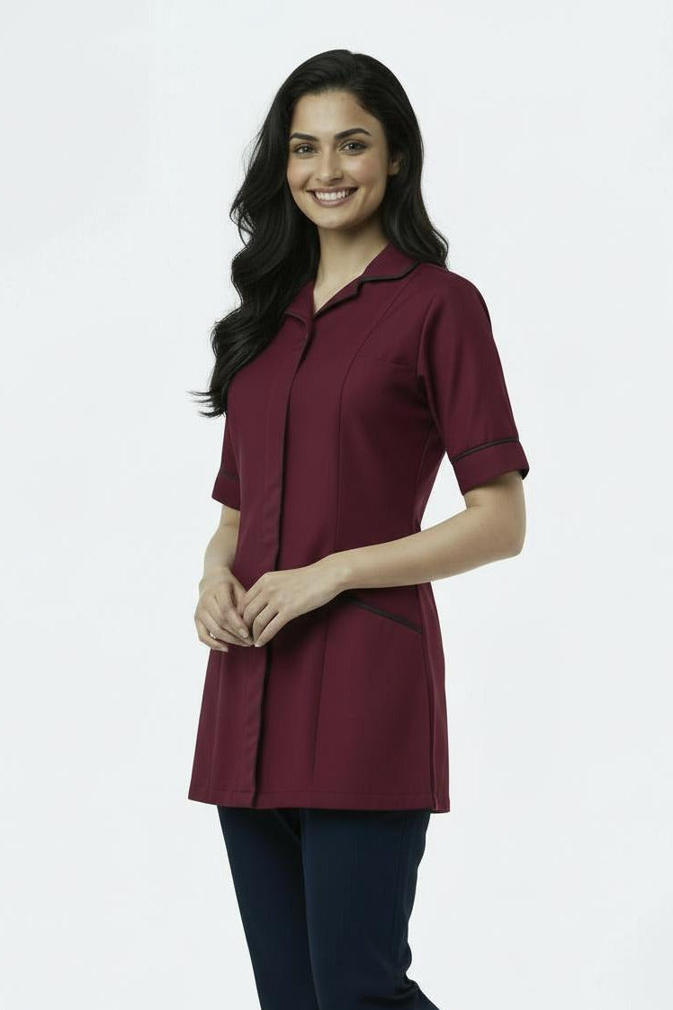Burgundy with Navy trim Ladies Round Collar Tunic