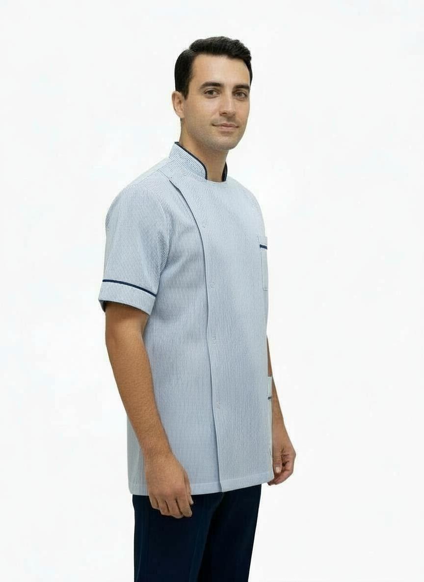 Mens Chinese Collar Tunic Blue stripe with Navy trim