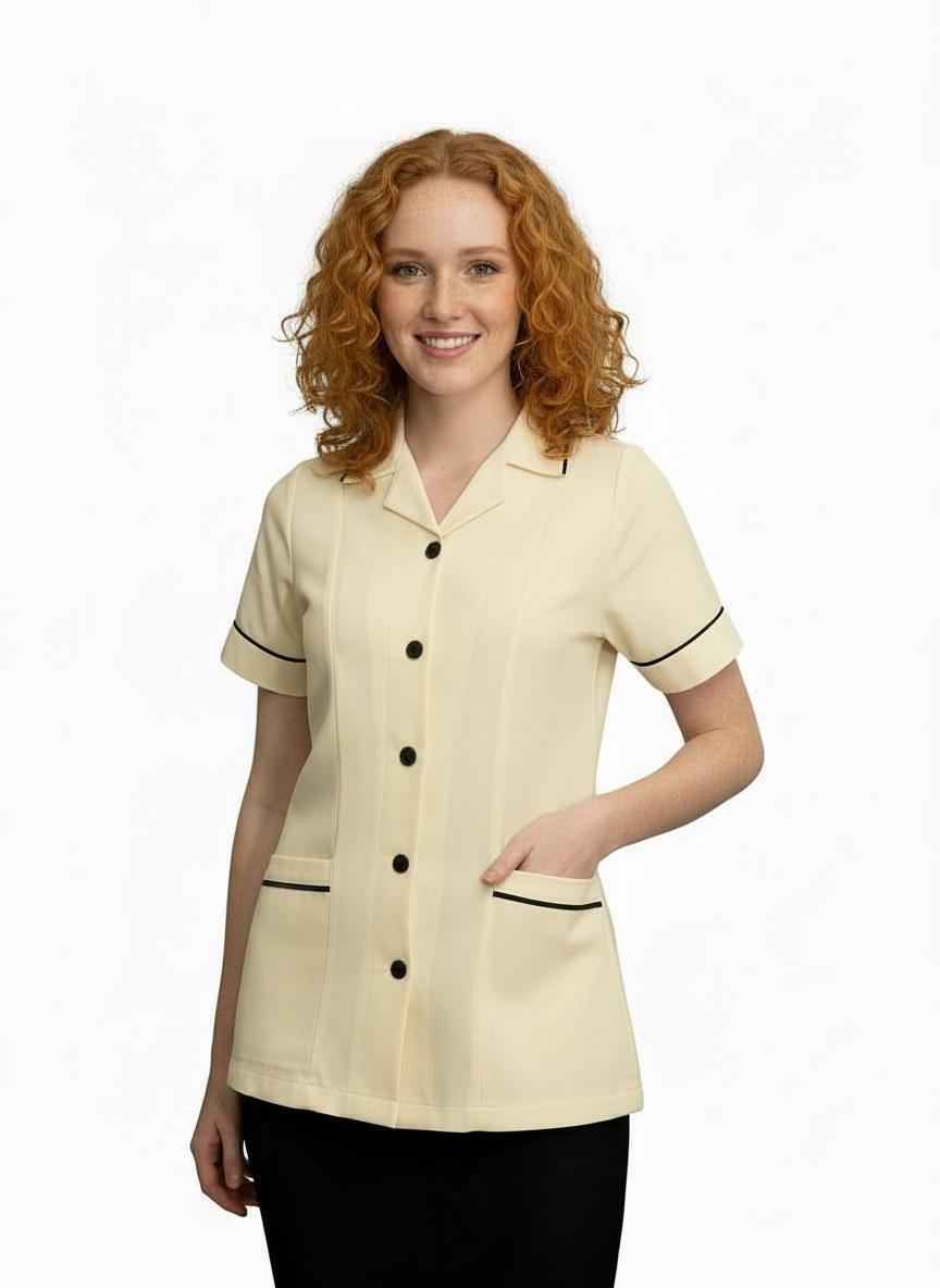 Ladies Reverse Collar Tunic Ivory with Navy trim (discontinued)