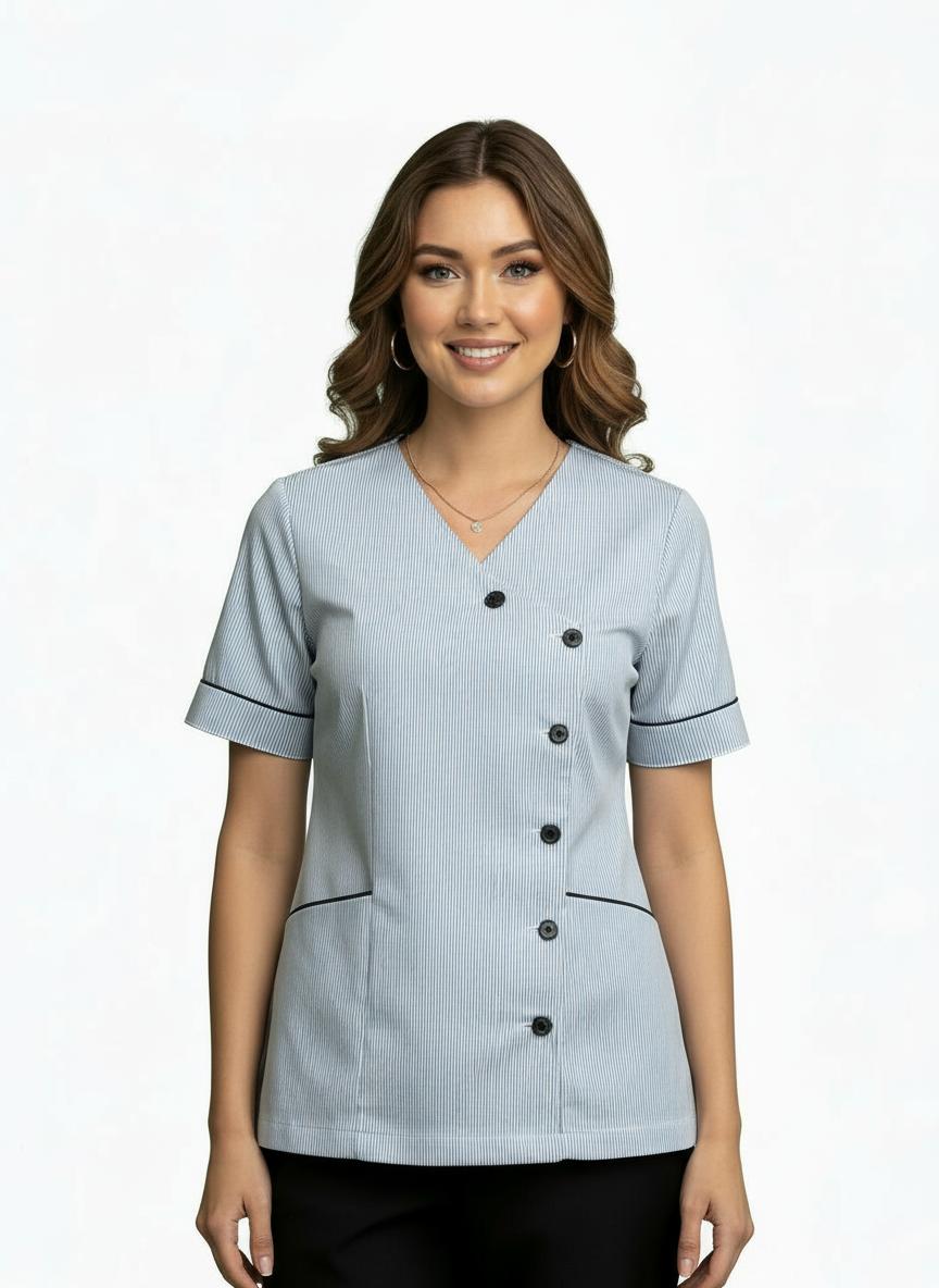 Ladies Side Opening V Neck Tunics Blue Stripes/Navy Trim