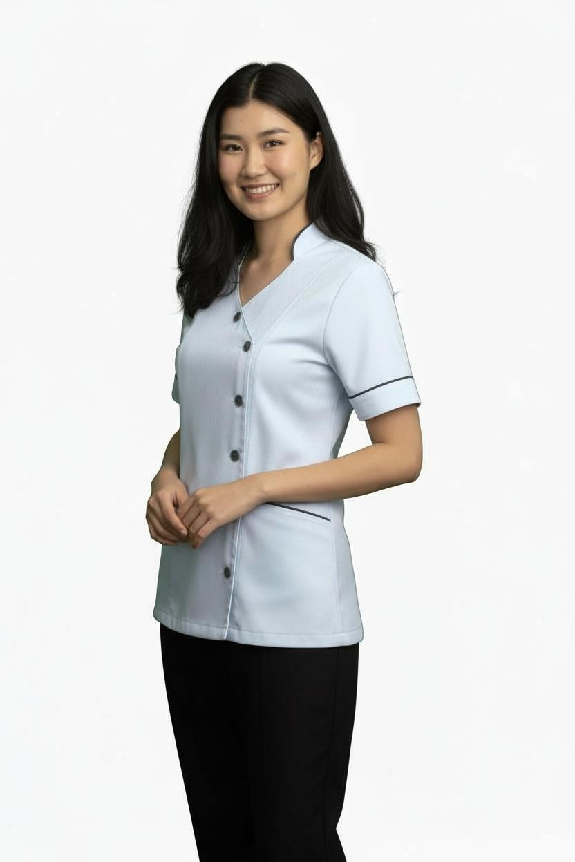 Ladies Chinese Collar side Opening Tunic White with navy trim
