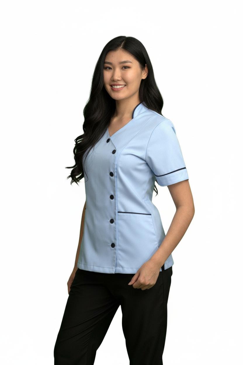 Ladies Chinese Collar side Opening Tunic Sky with navy trim