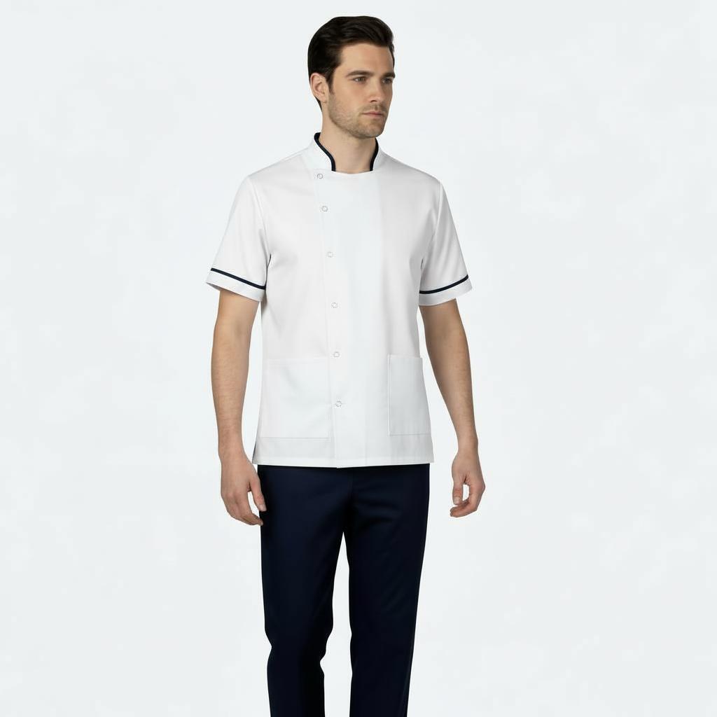 Mens White with Navy trim Chinese Collar Tunic