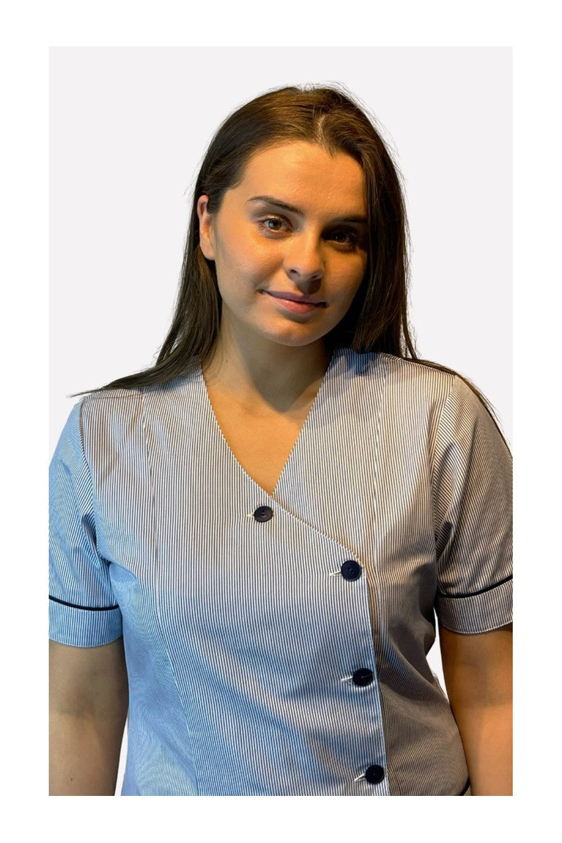 Ladies Side Opening V Neck Tunics Blue Stripes/Navy Trim