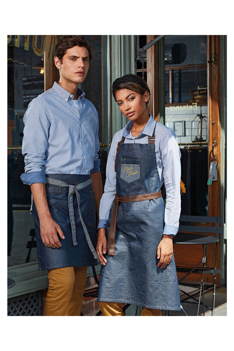 Division waxed-look denim bib apron with faux leather