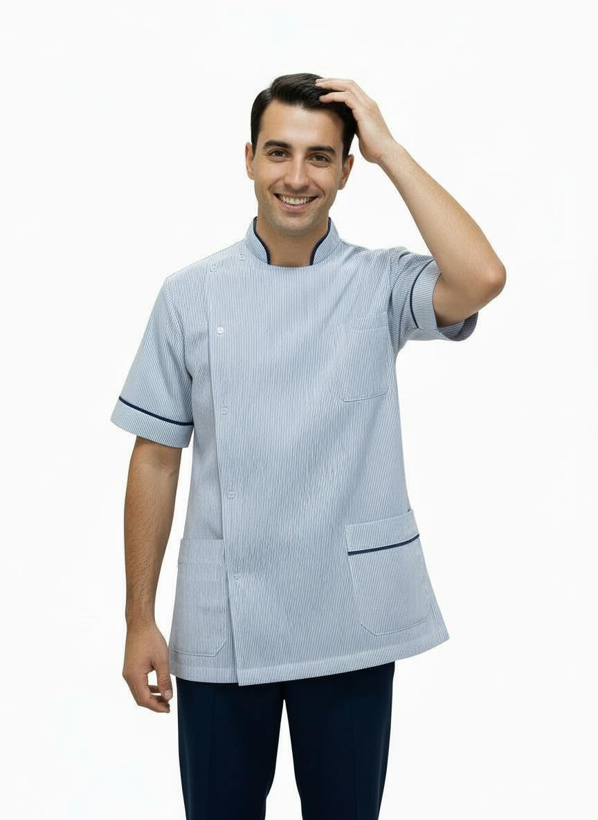 Mens Chinese Collar Tunic Blue stripe with Navy trim
