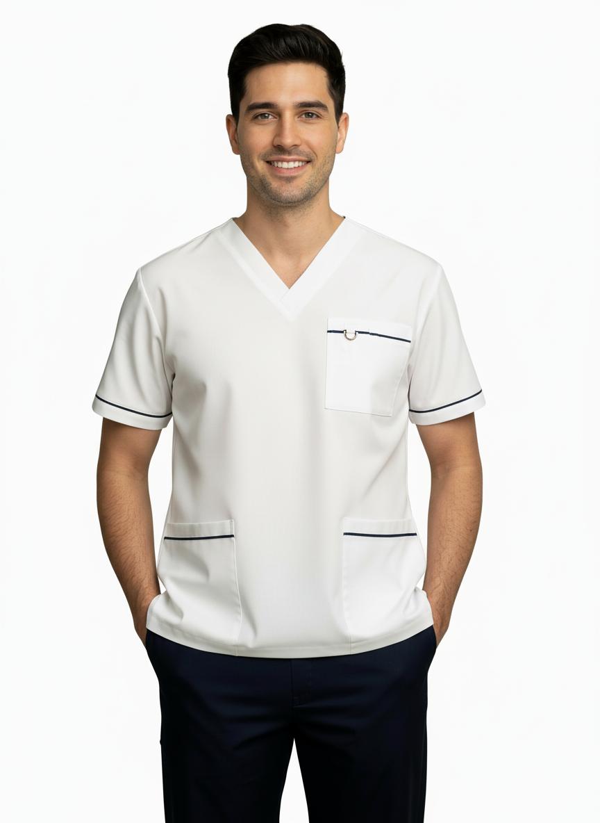PhilTex Contrast Trim Scrub Top White/Navy