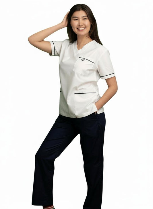PhilTex Contrast Trim Scrub Top White/Navy