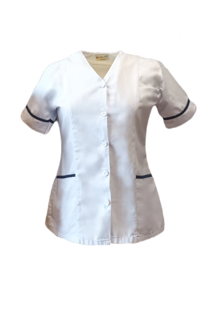 Ladies Centre Button V-Neck Tunic White with navy trim