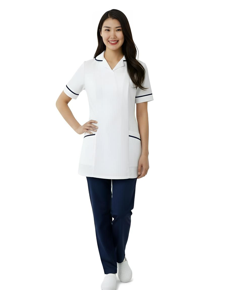 White with Navy trim Ladies Round Collar Tunic