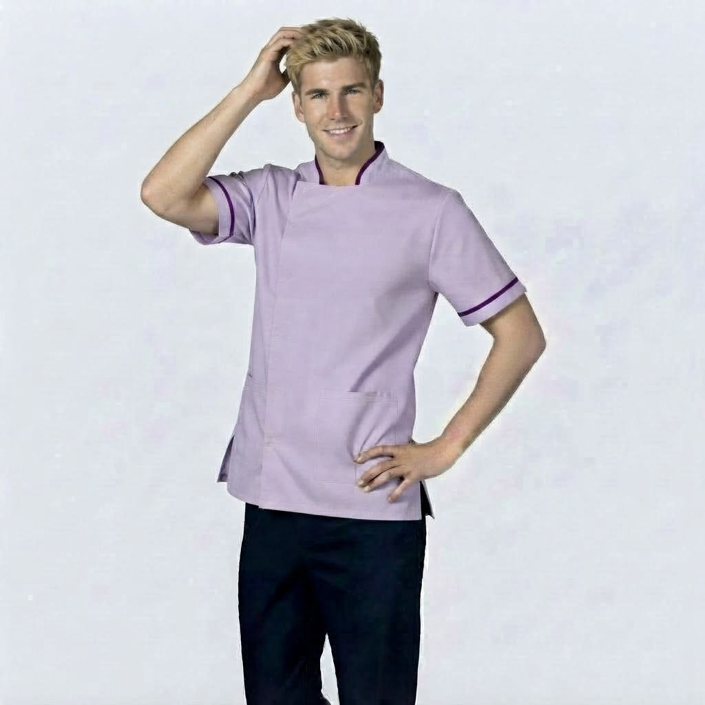Mens Chinese Collar Tunic Lilac with Purple Trim