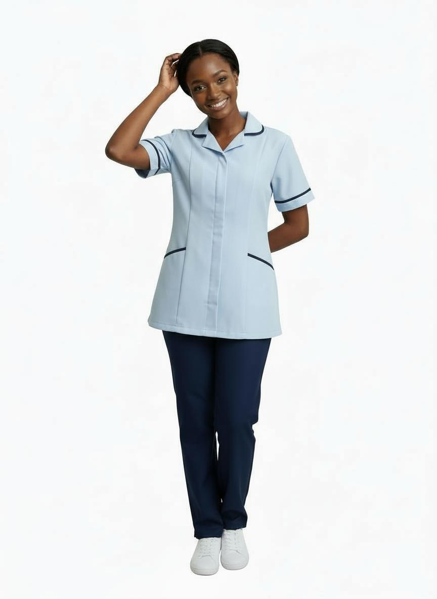Sky with Navy trim Ladies Round Collar Tunic