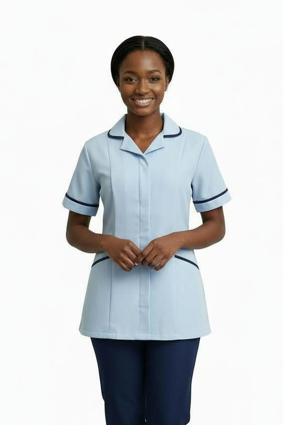 Sky with Navy trim Ladies Round Collar Tunic