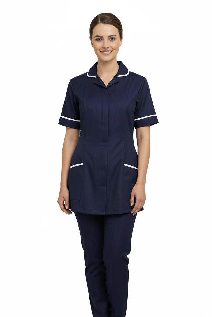 Navy with White trim Ladies Round Collar Tunic