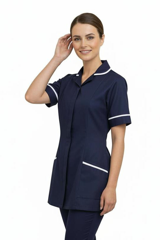 Navy with White trim Ladies Round Collar Tunic