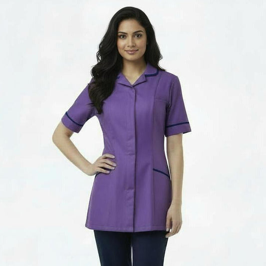 Purple with Navy Trim Ladies Round Collar Tunic