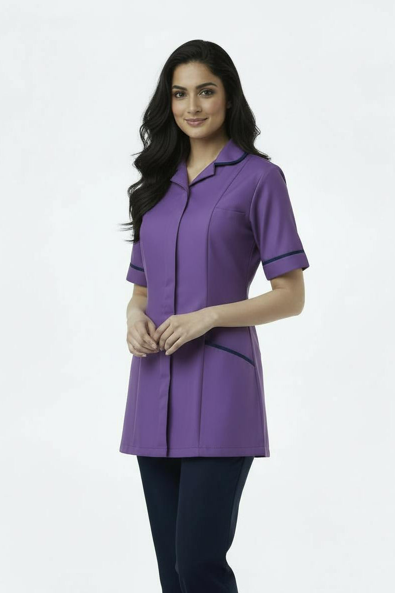 Purple with Navy Trim Ladies Round Collar Tunic