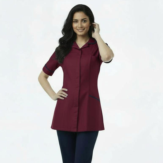 Burgundy with Navy trim Ladies Round Collar Tunic