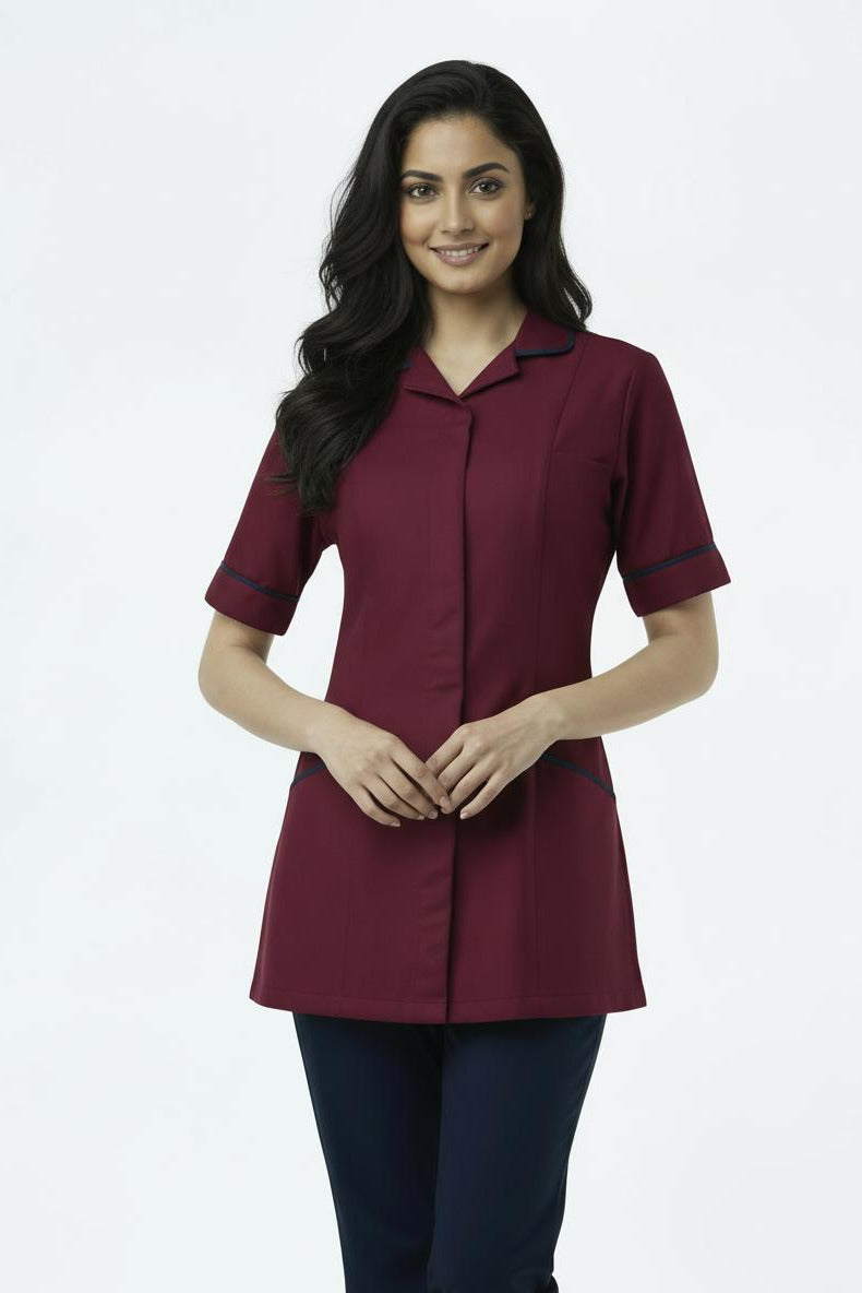 Burgundy with Navy trim Ladies Round Collar Tunic