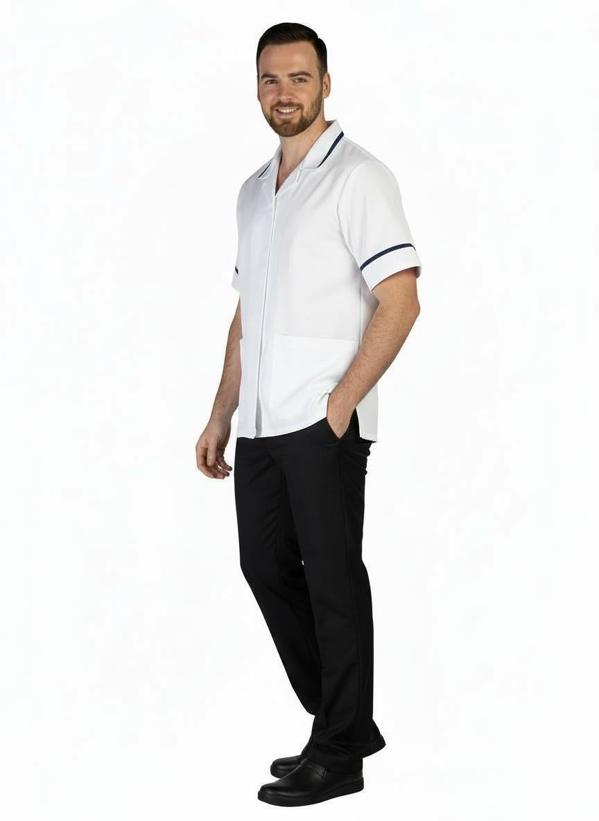 White/navy Trim Mens Reverse Collar Tunic