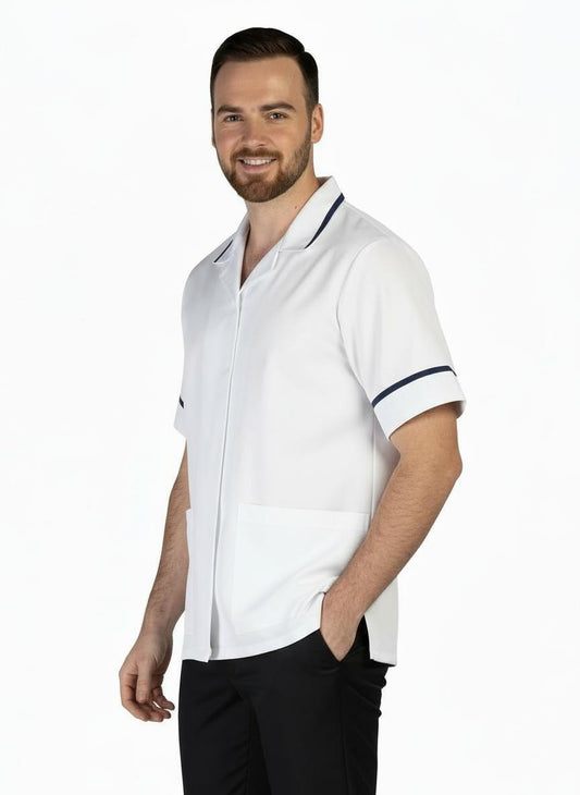 White/navy Trim Mens Reverse Collar Tunic