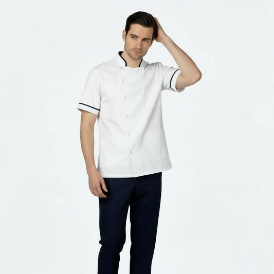 Mens White with  Navy trim Chinese Collar Tunic