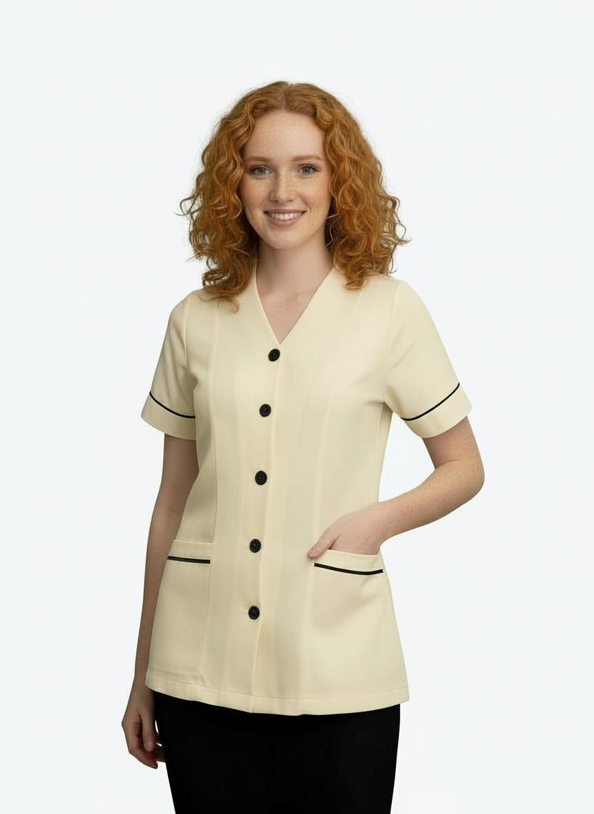 Ladies Centre Button V-Neck Tunic Ivory with navy trim (discontinued)