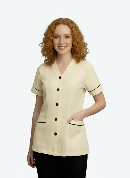 Ladies Centre Button V-Neck Tunic Ivory with navy trim (discontinued)