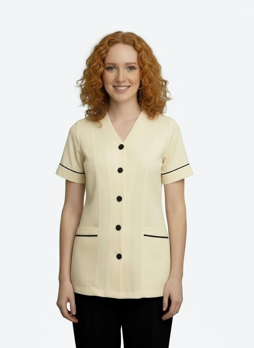 Ladies Centre Button V-Neck Tunic Ivory with navy trim (discontinued)