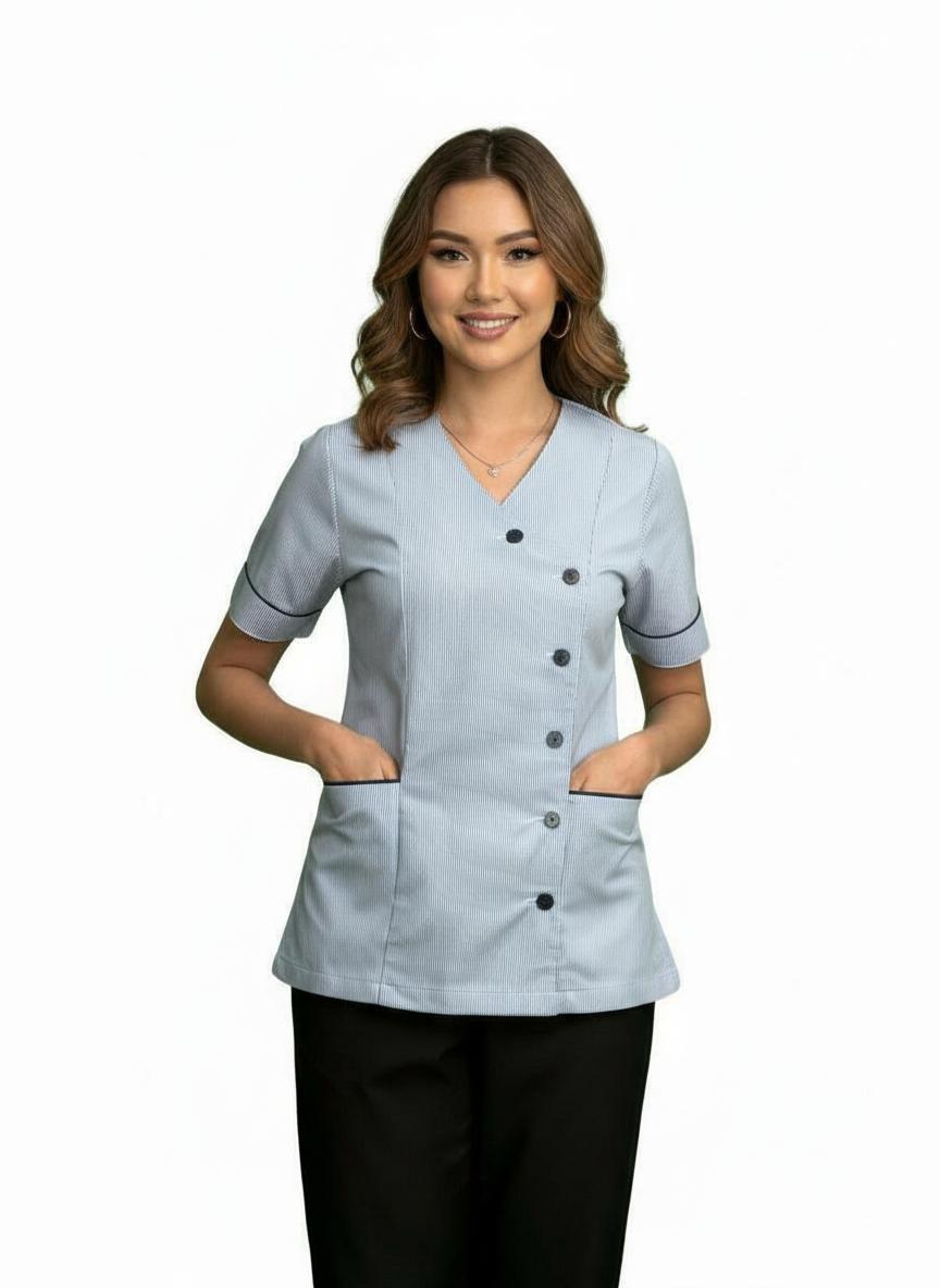 Ladies Side Opening V Neck Tunics Blue Stripes/Navy Trim