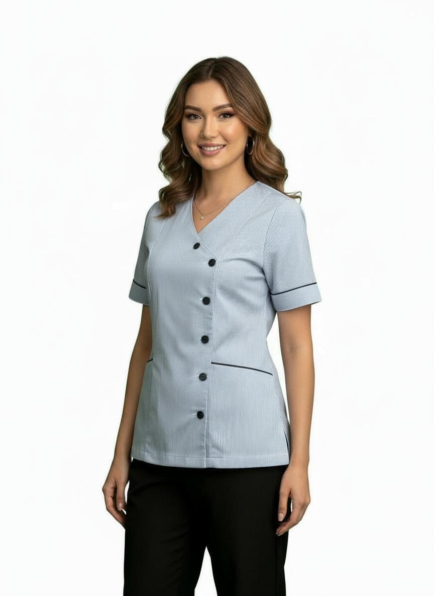 Ladies Side Opening V Neck Tunics Blue Stripes/Navy Trim