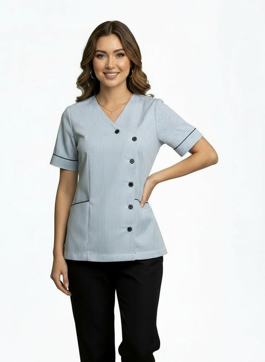 Ladies Side Opening V Neck Tunics Blue Stripes/Navy Trim