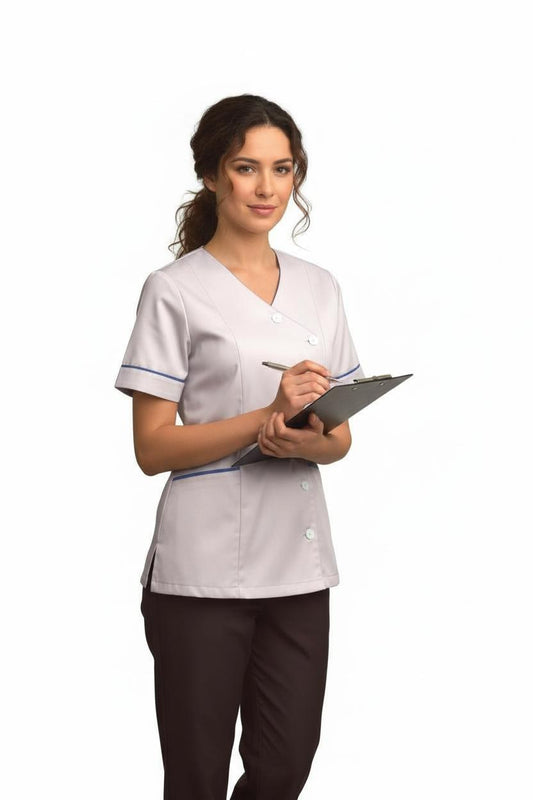 Ladies Side Opening V Neck Tunic White/Metro Trim