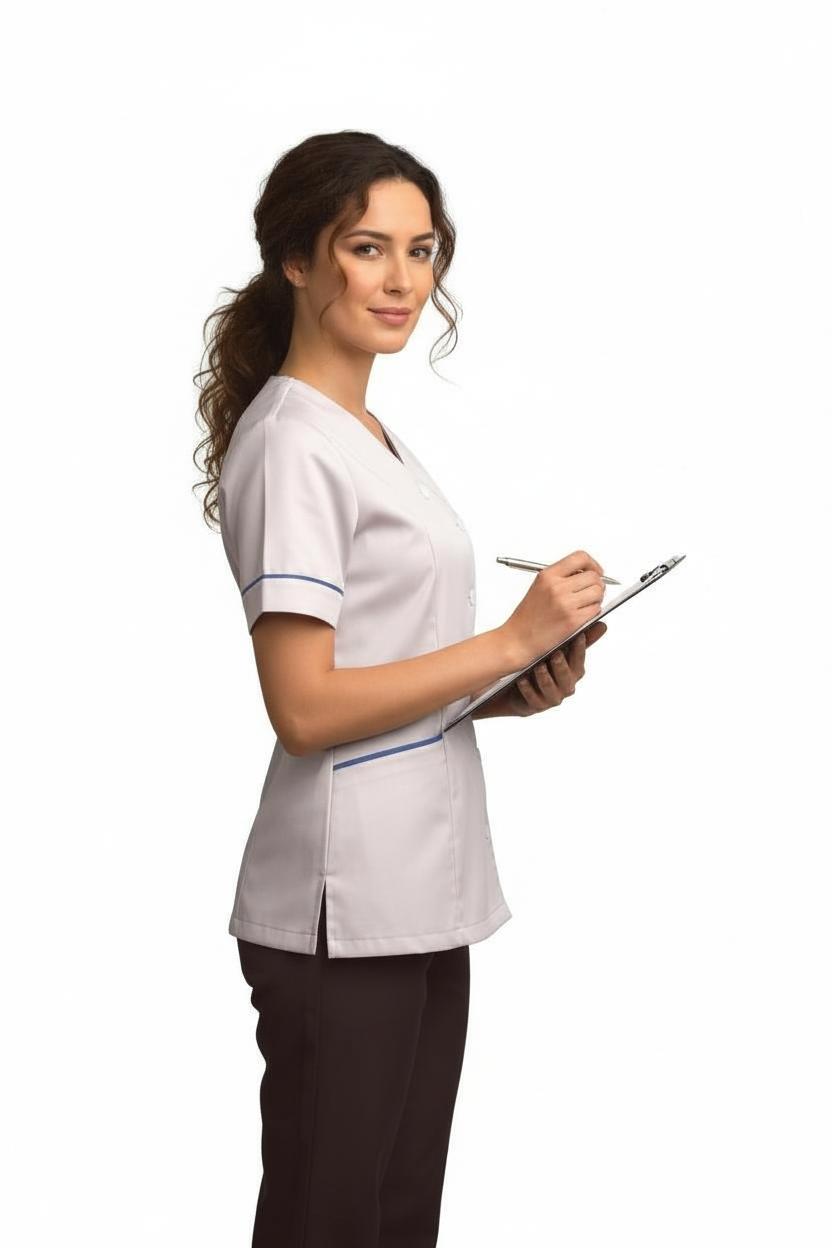 Ladies Side Opening V Neck Tunic White/Metro Trim