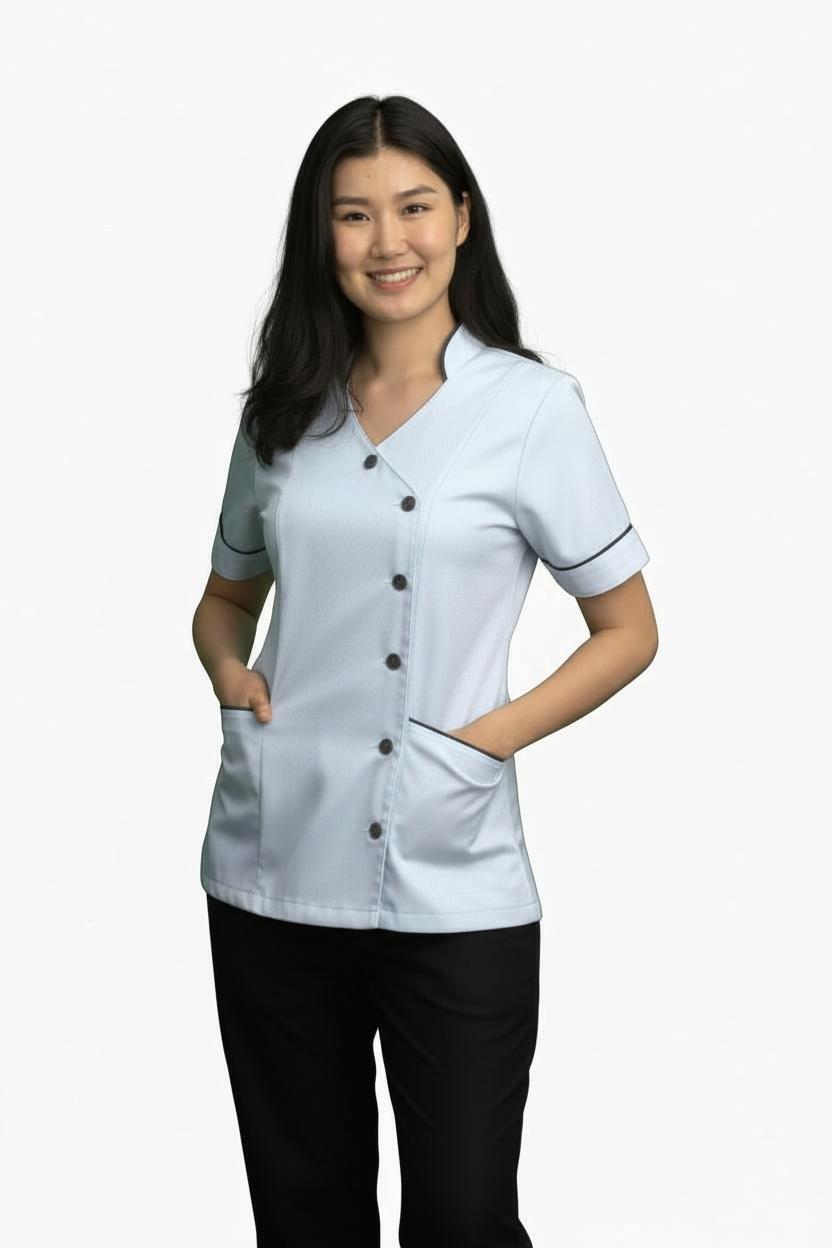 Ladies Chinese Collar side Opening  Tunic White with navy trim