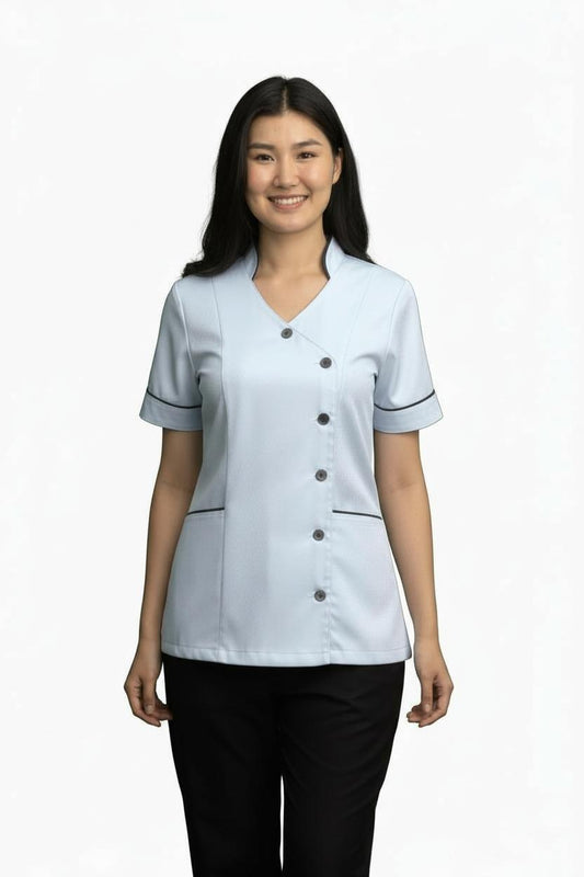 Ladies Chinese Collar side Opening  Tunic White with navy trim
