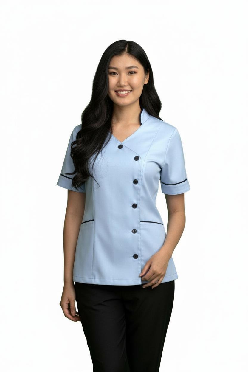 Ladies Chinese Collar side Opening  Tunic Sky with navy trim