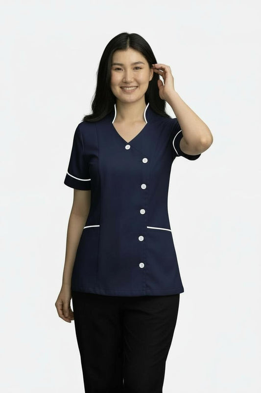Ladies Chinese Collar side Opening  Tunic Navy with white trim