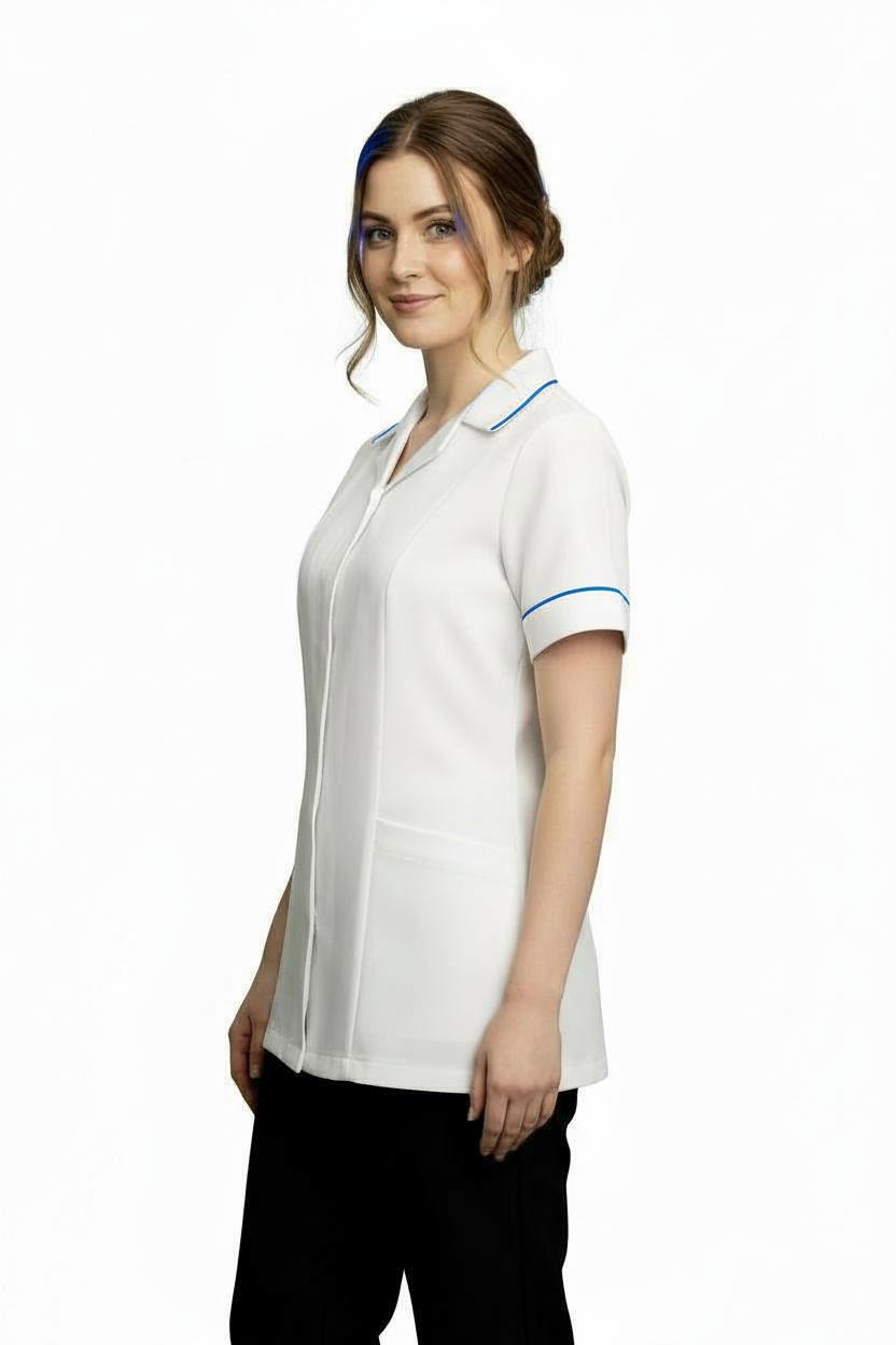 Ladies Reverse Collar Tunic White with metro trim