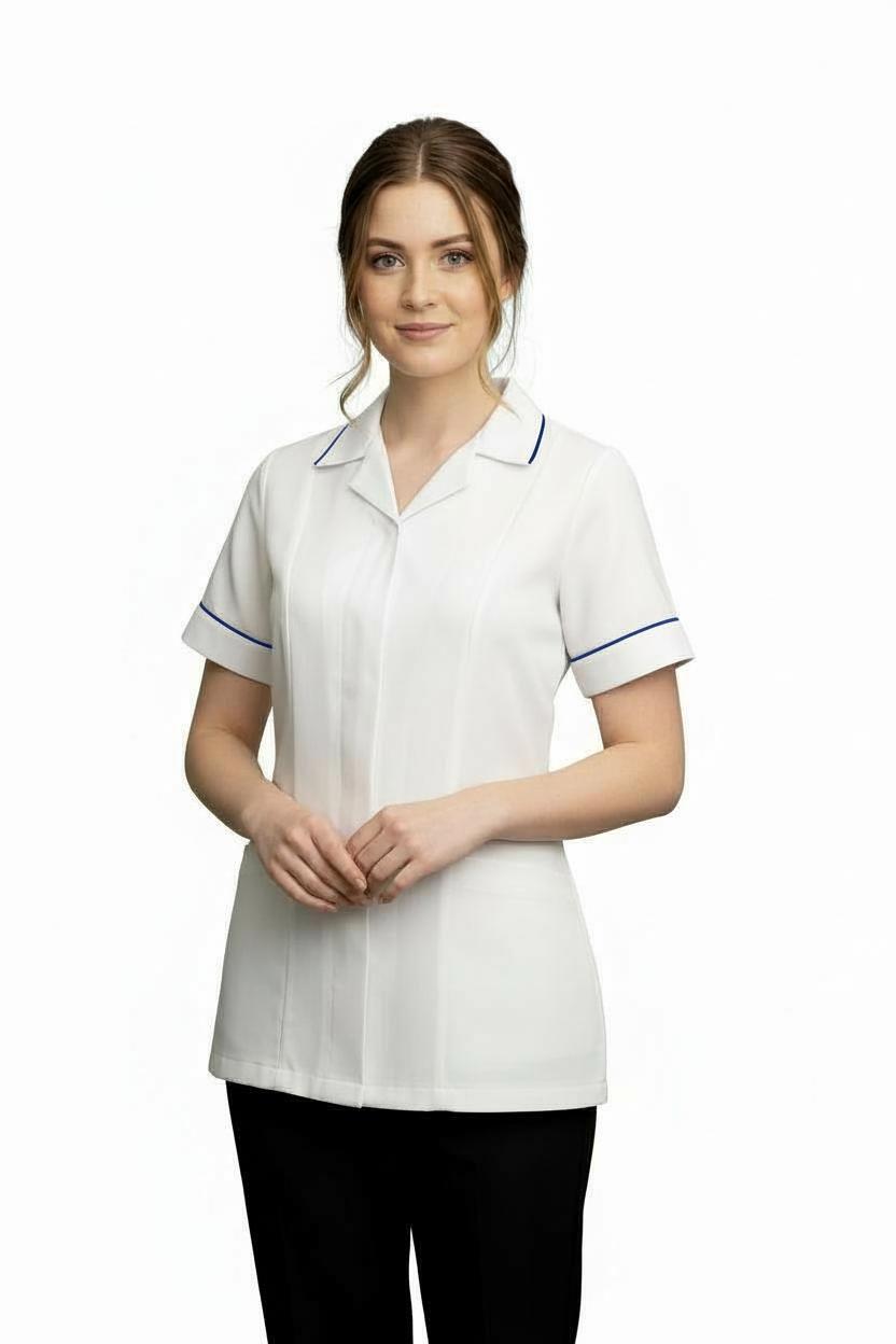 Ladies Reverse Collar Tunic White with metro trim