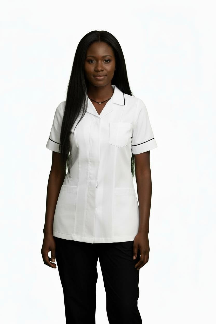 White and Navy Ladies Reverse Collar Tunic