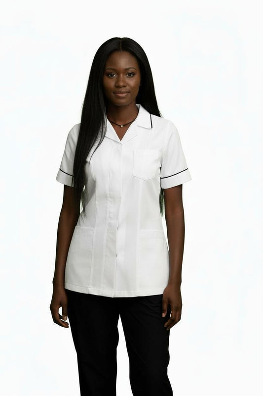 White and Navy Ladies Reverse Collar Tunic