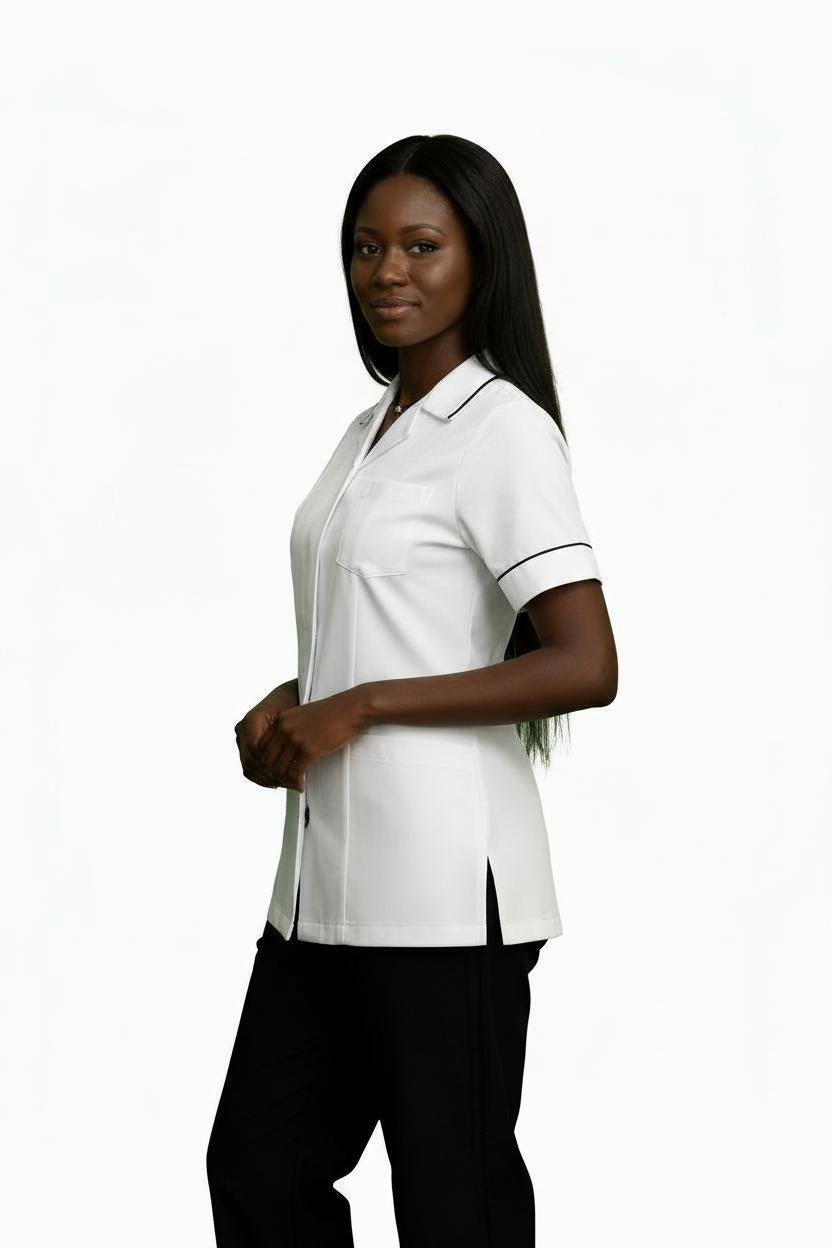 White and Navy Ladies Reverse Collar Tunic