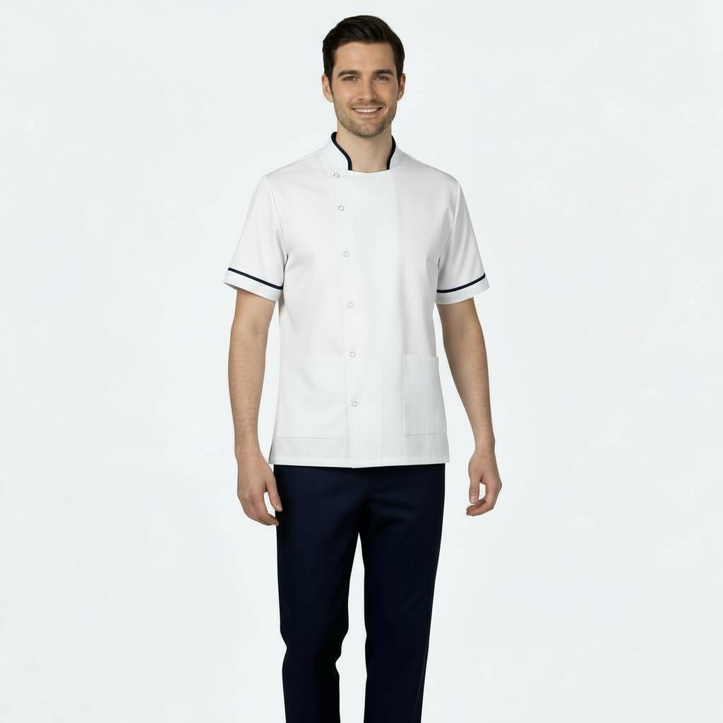 Mens White with  Navy trim Chinese Collar Tunic