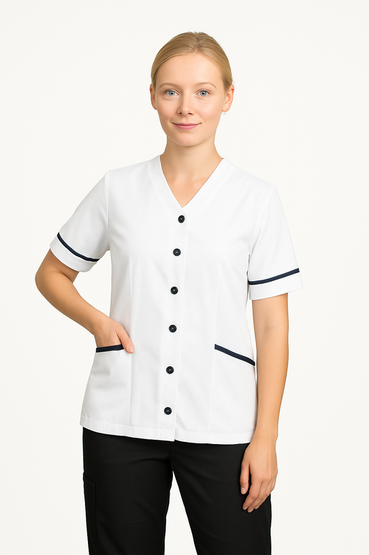 Ladies Centre Button V-Neck Tunic White with navy trim